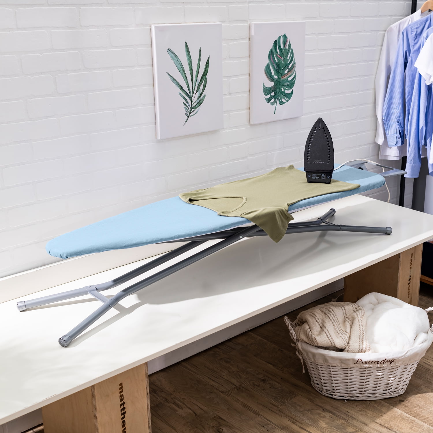 Seymour Home Products Adjustable Height, 4 Leg Ironing Board with Mesh Top and Iron Rest, Light Blue