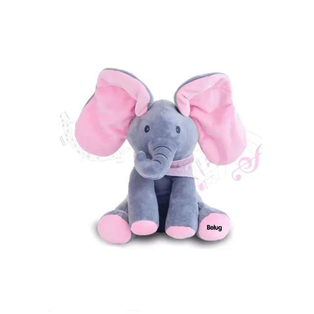 Elefante Peluche Musical Con Escondidillas Para Bebé Juguete Belug Rosa Gris