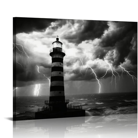 ONETECH  Lighthouse Wall Art Decor Black and White Nautical Storm Canvas Picture Prints Ocean Wave Seascape Painting for Bathroom Men's Room Framed