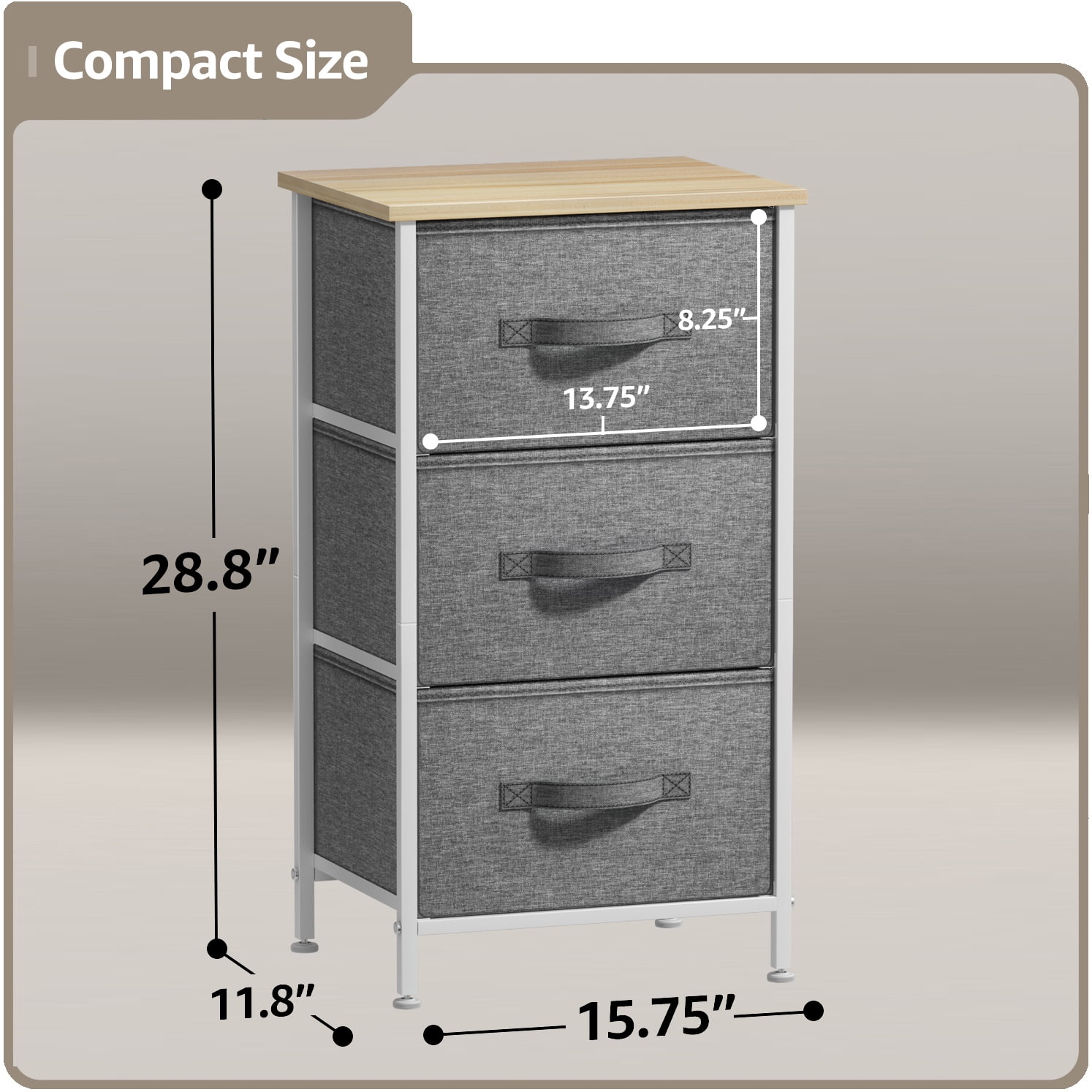 Sorbus 3-Drawer Nightstand with Steel Frame, Wood Top, Fabric Bins, Beige