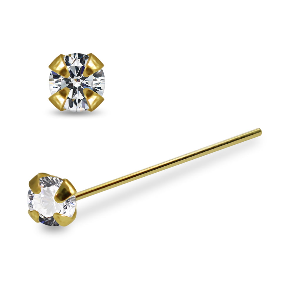 Piercing Deals 22g Thickness Wearable Nose Straight Stud 14k Gold Nose Rings with CZ Stud Prong