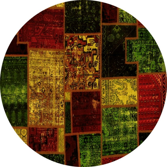 Ahgly Company Indoor Round Patchwork Yellow Transitional Area Rugs, 5' Round