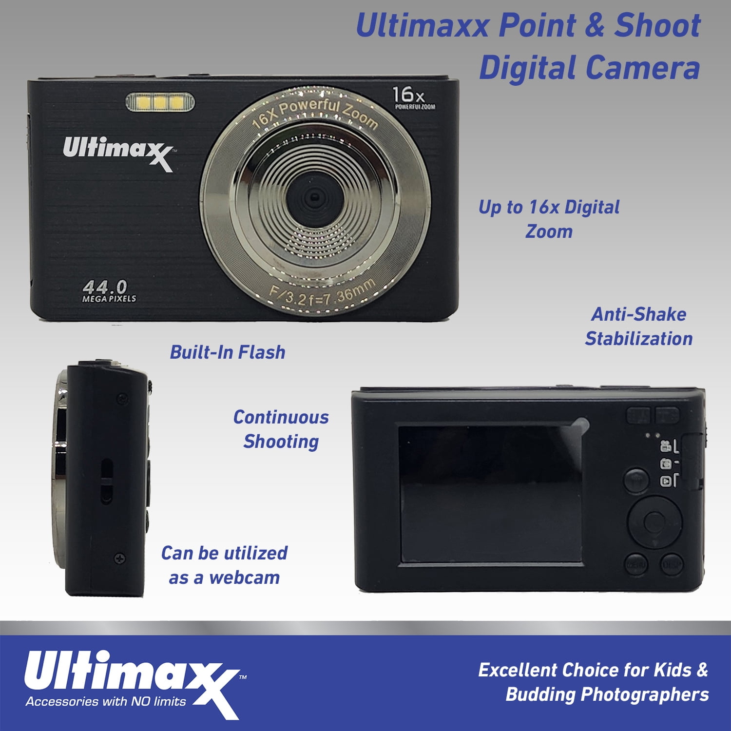 Ultimaxx 44MP Portable Point & Shoot Digital Camera with 16x Digital Zoom, 32GB SD Card, Case & USB Cable, Black