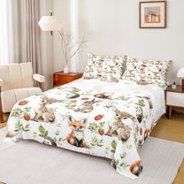 Homewish Animal Rabbit Fox Deer 4-Piece Full Size Sheets For Kids Boys Girls,Jungle Wildlife Bed Sheets,Botanical Plants Lightweight Sheet Sets,Lightweight Room Decor