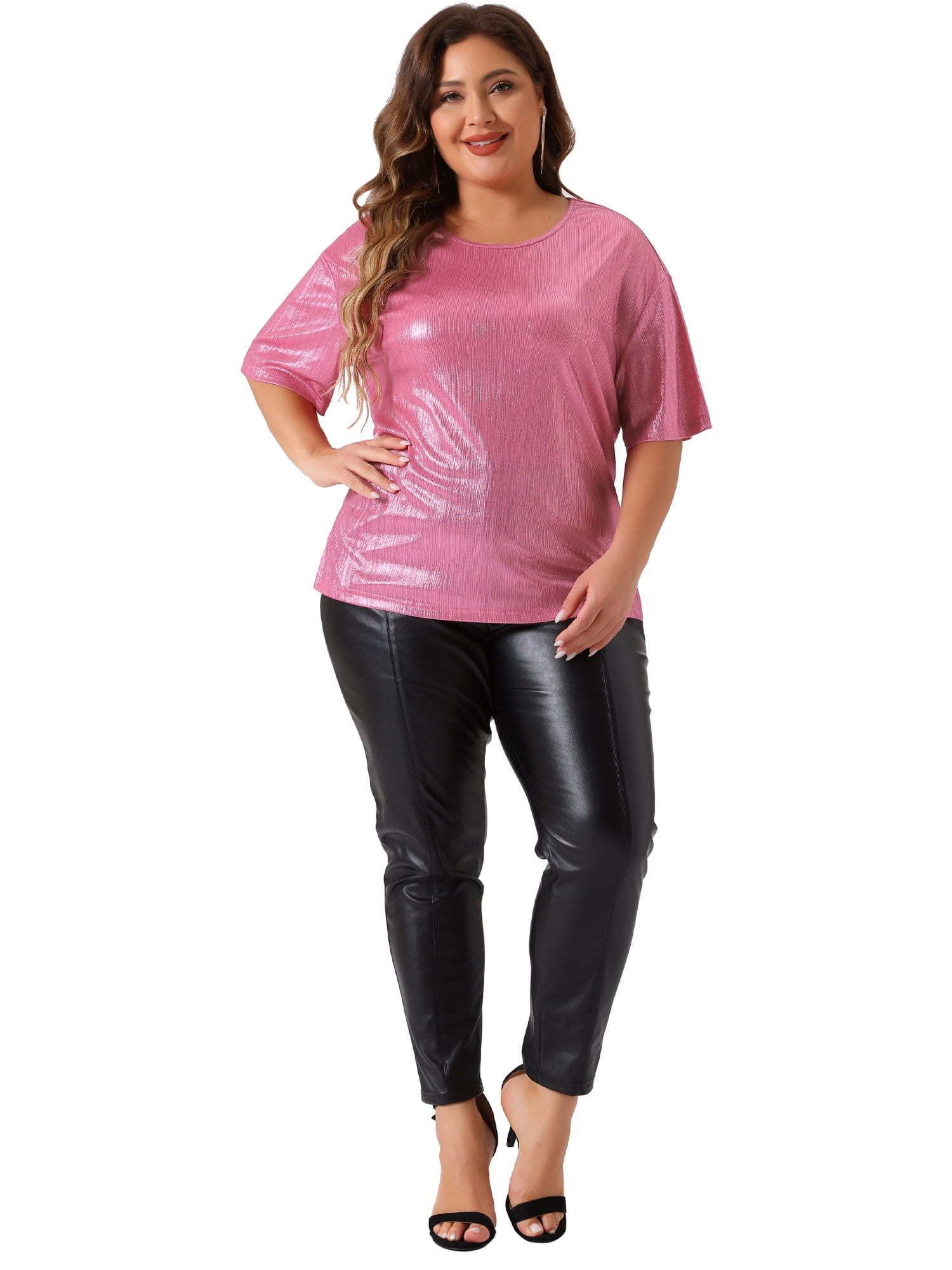 DARING DIVA Women's Plus Size Metallic Round Neck Short Sleeve Blouses 2X Dark Pink