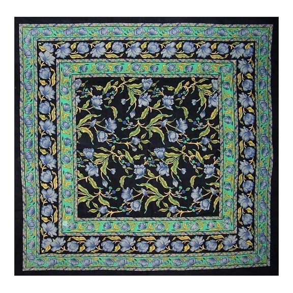 French Floral Square Cotton Tablecloth 60" x 60" Blue on Black