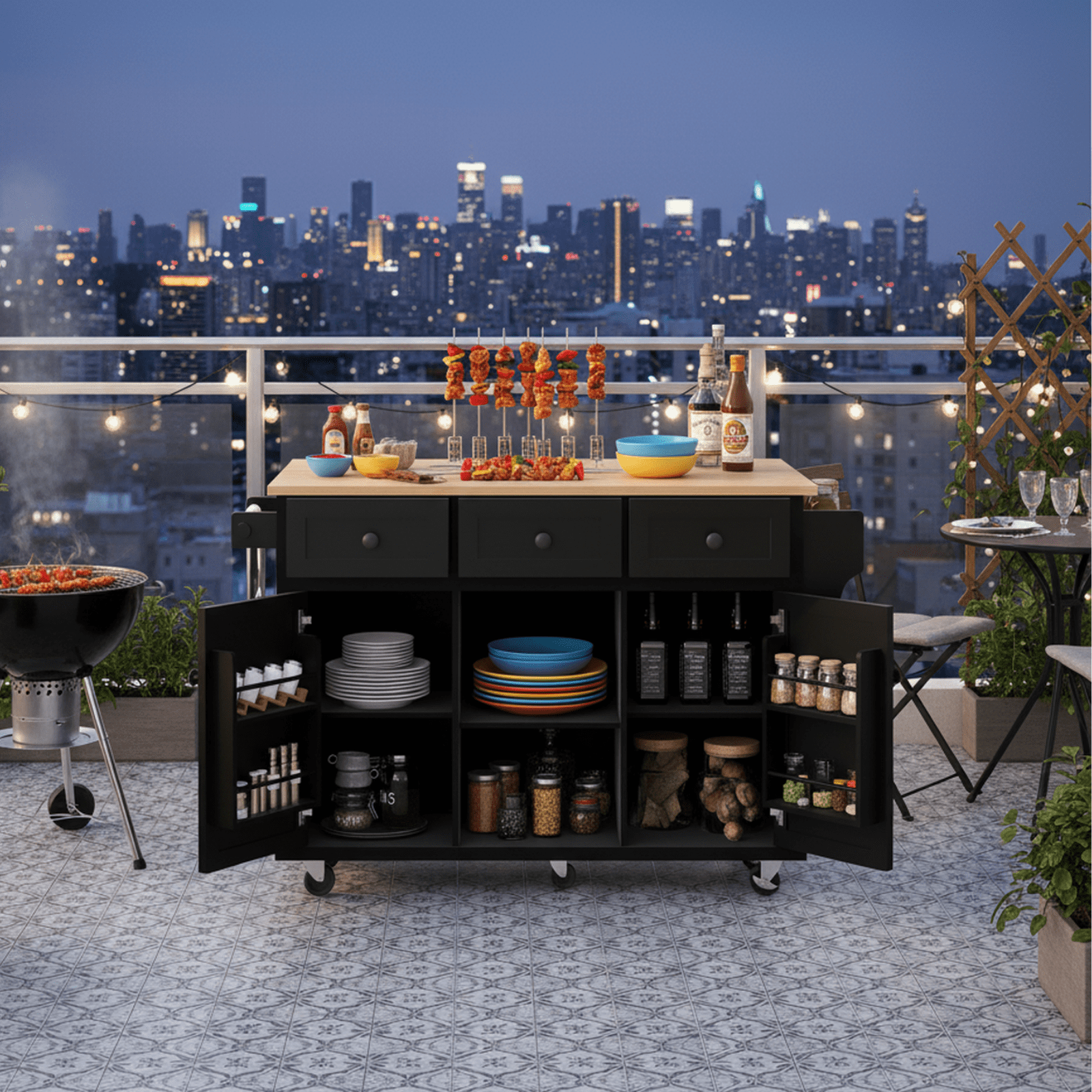 Homy Casa Kitchen Serving Cart With Drop Leaf and Storage, Black