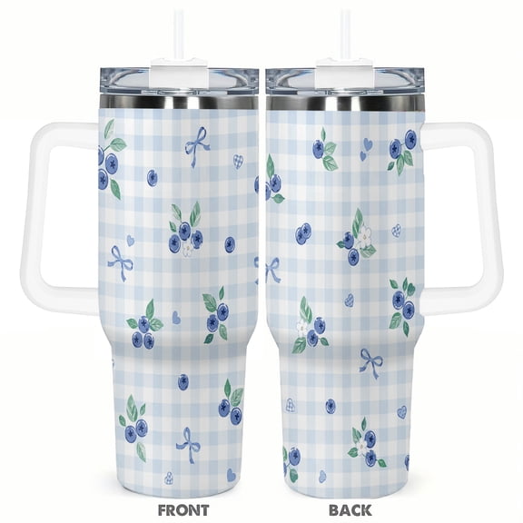 40oz Blueberry Gingham Travel Tumbler with Handle and Straw Lid Blue Check Insulated Car Coffee Cup Gift for Women