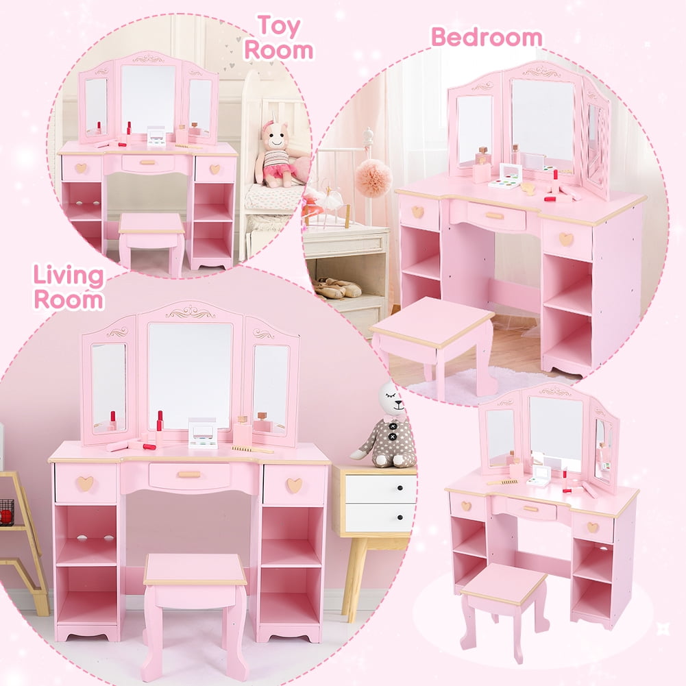 Garvee Kids Vanity Set with Mirror and Drawer - Girls' Vanity Table and Chair Set with Wood Makeup Playset, Perfect for 3-9 Yr, Pink