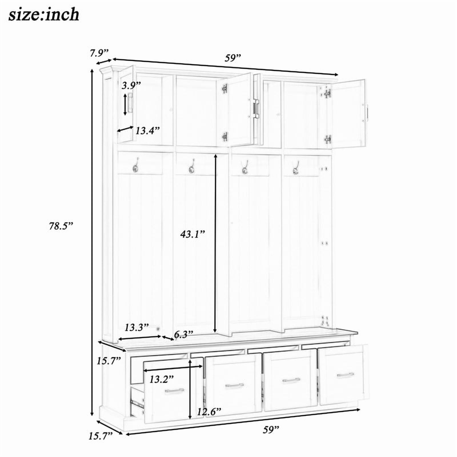 Farmhouse Wooden Entryway Hall Tree with Coat Hooks, Multi-functional Storage Cabinet with Shoe Bench and Drawers