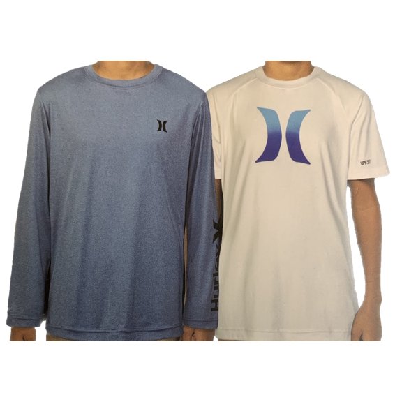 Hurley Youth Boy's 2 Pack UPF 50 Sun Tee Tops, 1 Long Sleeve Shirt, 1 Short Sleeve Shirt (as1, Alpha, l, Regular, White/Blue, Large(14/16))