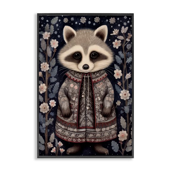 Stupell Industries Woodland Pattern Raccoon Animals & Insects Painting Black Framed Art Print Wall Art, 16 x 24