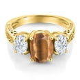 thumbnail image 3 of Gem Stone King 18K Yellow Gold Plated Silver 3-Stone Ring Tiger Eye Moissanite (2.50 Cttw), 3 of 6