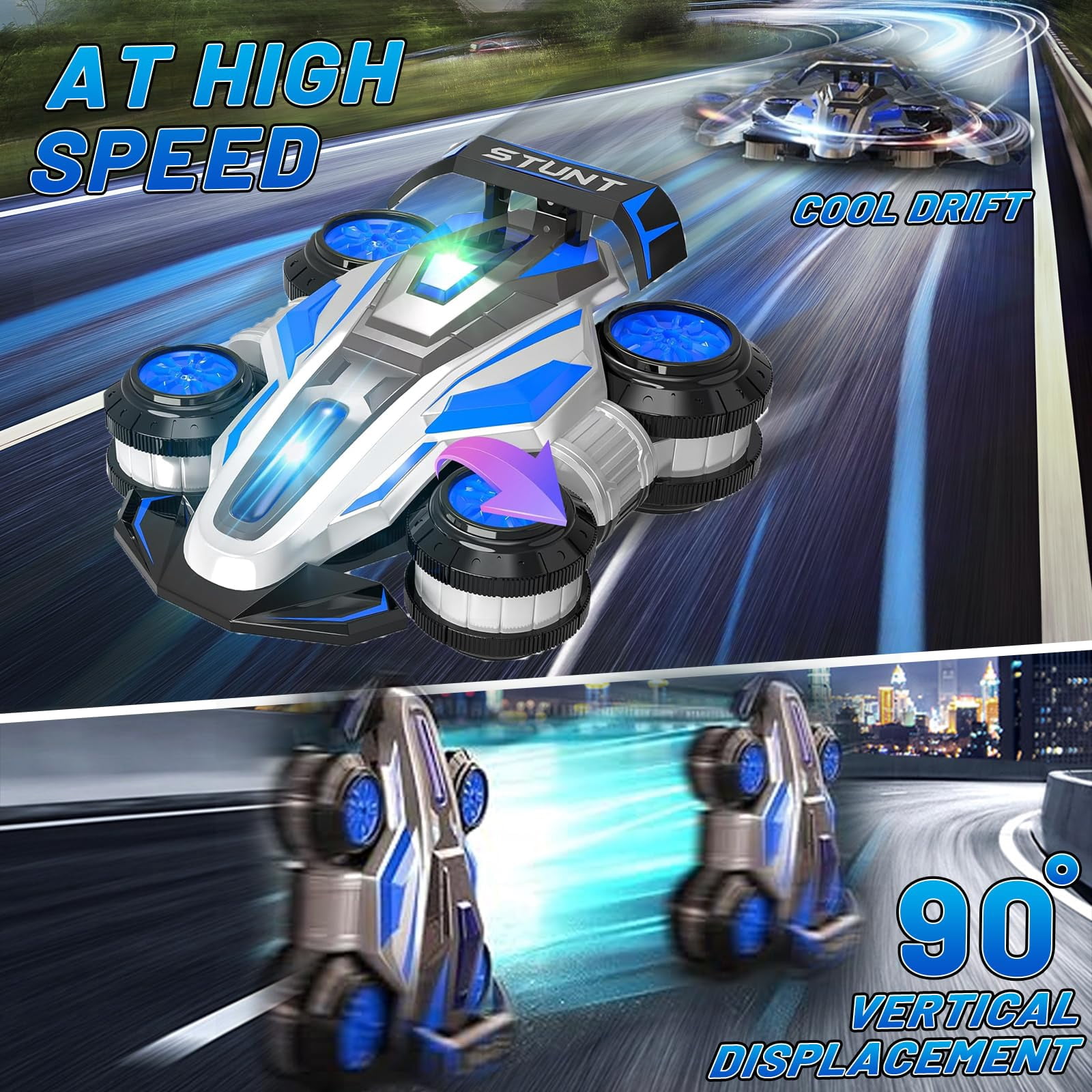 Remote Control Car High Speed Drift RC Car with Lights & Music Stunt Car for Kids Christmas Birthday Easter Gifts 1Battery
