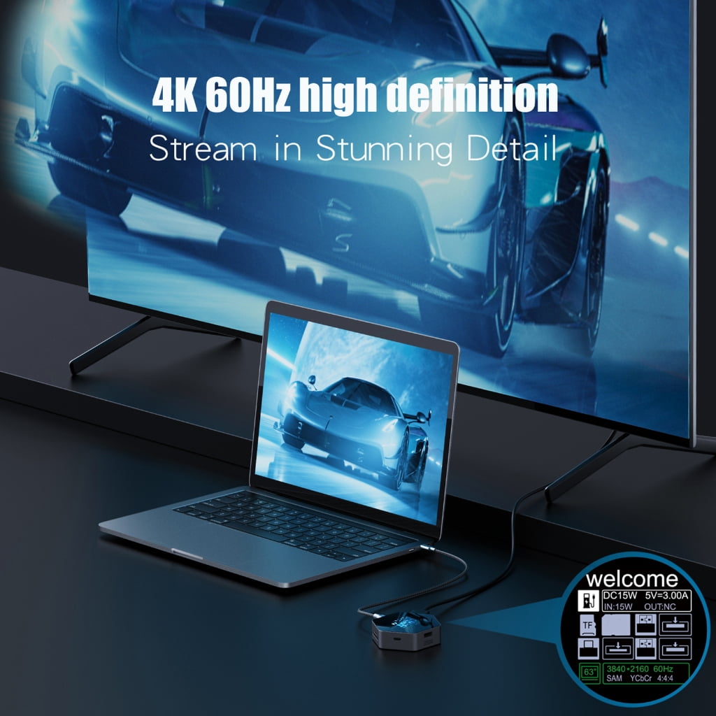 AOOOWER 8 Port USB C Adapter with 4K@60Hz and Fast PD Charging for Travel Office