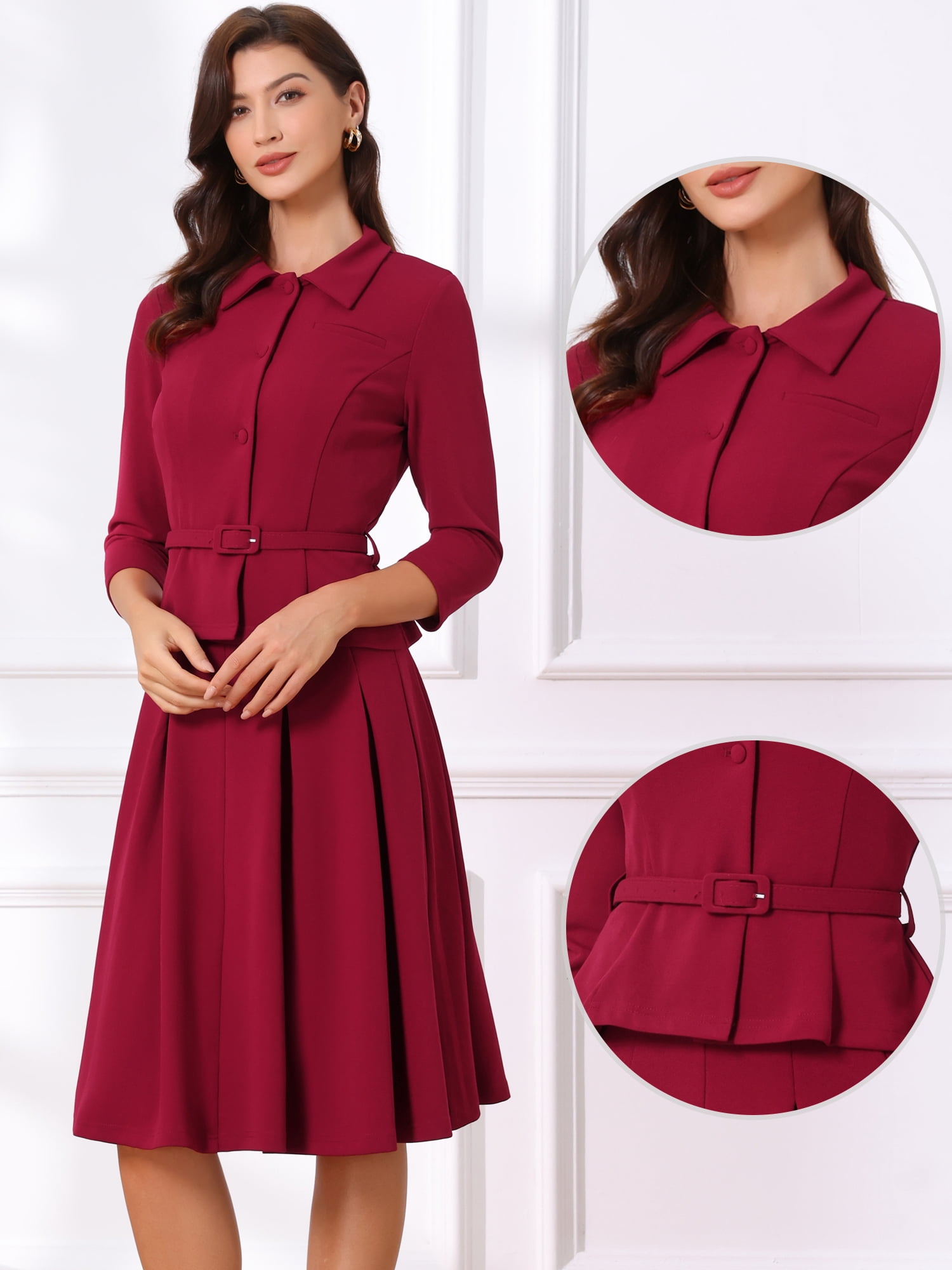 DARING DIVA 2Pcs Women's Office Blazer Jacket Pleated Skirt Suit Set M Dark Red
