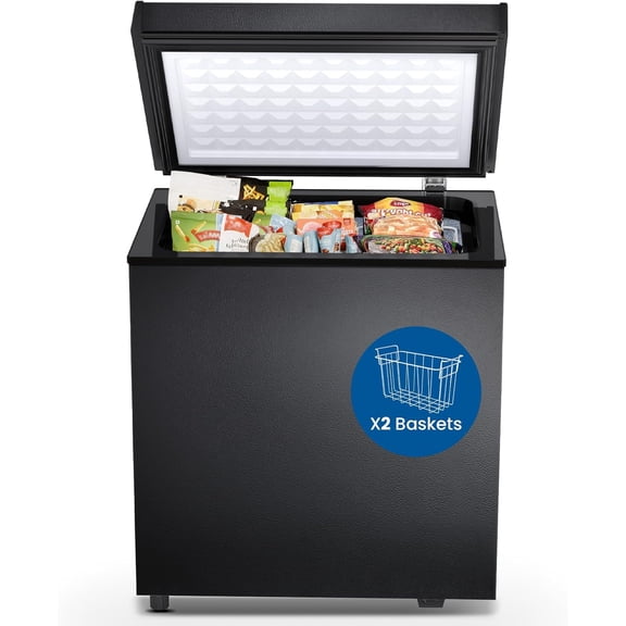 FREE VILLAGE 1.8 Cu.Ft Chest Freezer with 2 Removable Basket,Small Deep Freezer Adjustable 7 Thermostat,Quiet Mini Freezer Free-Standing Top Door,Energy Saving for Basement/Dorm/Home,Black