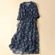 thumbnail image 1 of Puntoco Vestido De Manga Corta Con Cuello En V, Algodón Y Lino Estampado Con Cuello En V, Manga Tres Cuartos Con Cordones, Cintura Retro, Falda Larga Adelgazante Azul M, 1 of 6