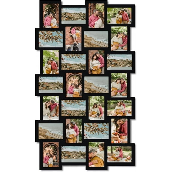 Adeco PF0553 Black Wood Wall Hanging Picture Photo Frame Collage 4x6, Basket-Weave Design, 28 Openings, 4 by 6"