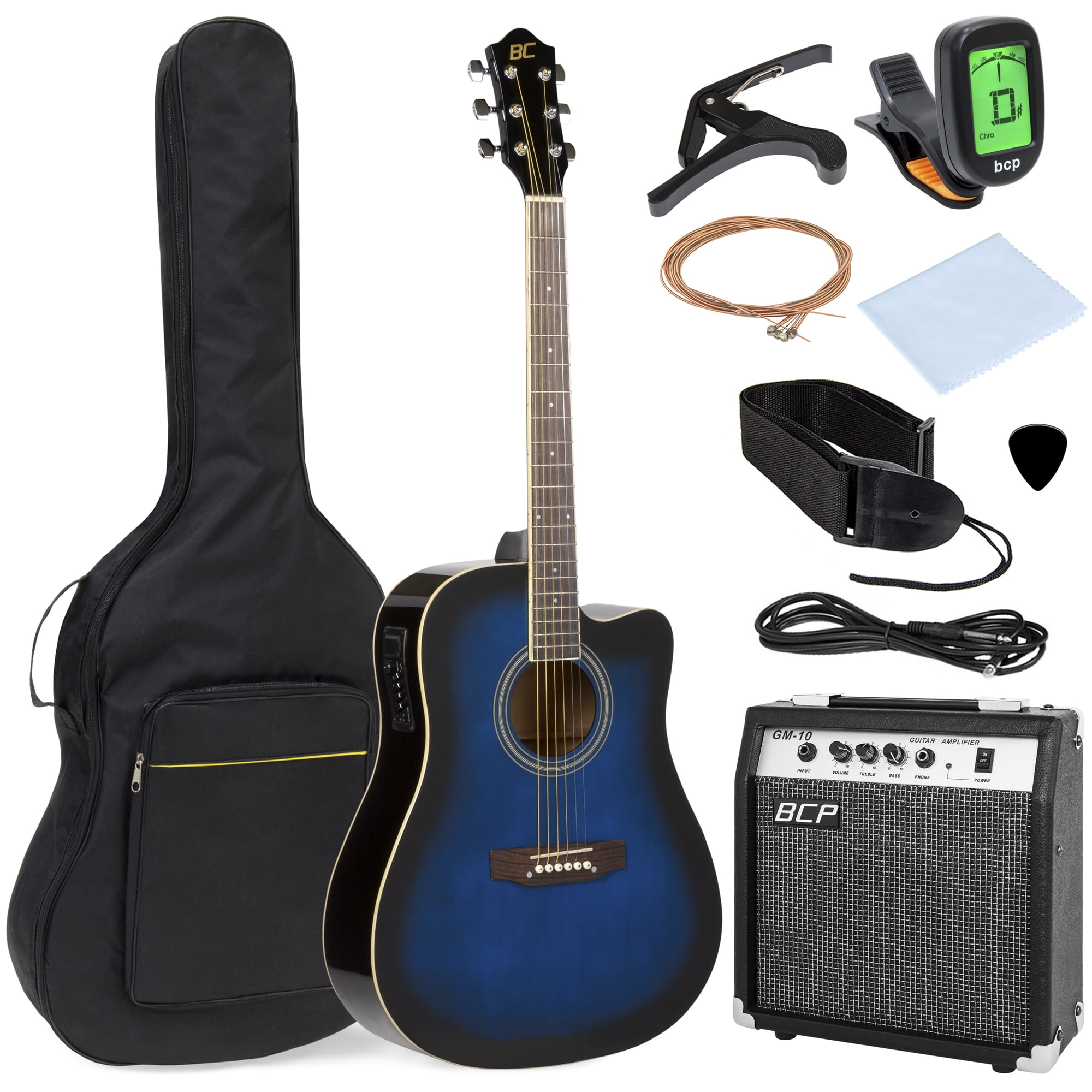 Best Choice Products 41in Full Size Acoustic Electric Cutaway Guitar Set w/ 10-Watt Amp, Capo, E-Tuner, Case - Blue