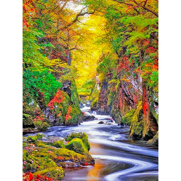 Pintura de diamante 5D DIY Taladro redondo completo Bosque Stream Kit Decoración para el hogar Arte Artesanía FLhrweasw Nuevo