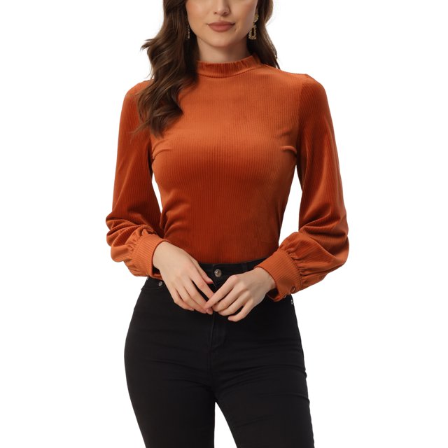 INSPIRE CHIC Haut Élégant en Velours pour Femmes Col Rond Manches Longues Bouffantes Blouse en Velours Caramel L