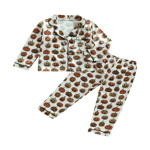 Kid Baby Girls Boys Halloween Pajamas Set Pumpkin Long Sleeve Button-Down Tops Long Pants 2 Pieces Loungewear Sleepwear