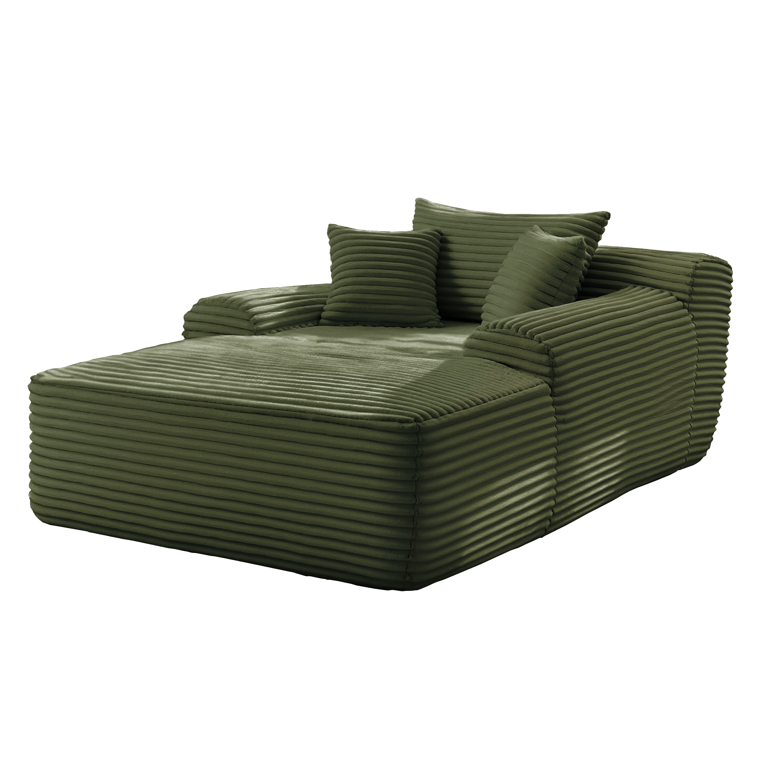 65" Oversized Chaise Lounge Chair with Wide Armrest & Throw Pillows,Corduroy Upholstered Boneless Sleeper Sofa Bed Armchair with Cup Holder for Living Room,No Assembly Required,Green