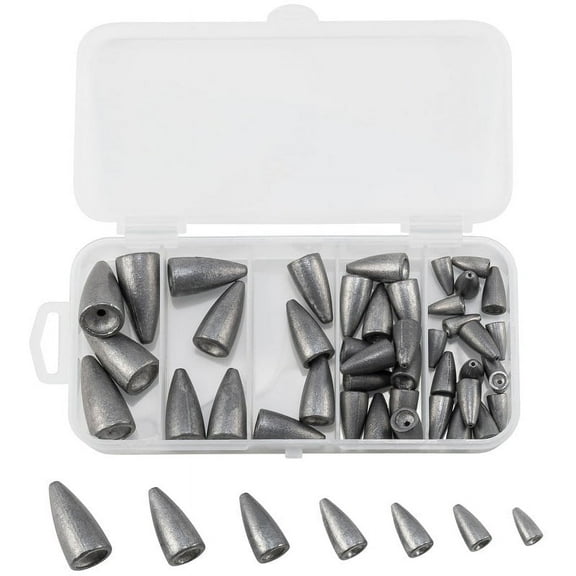 Dr.Fish 50pcs Bullet Shape Fishing Weights Lead Sinker 1/16oz-3/4oz for Texas Rig Bass