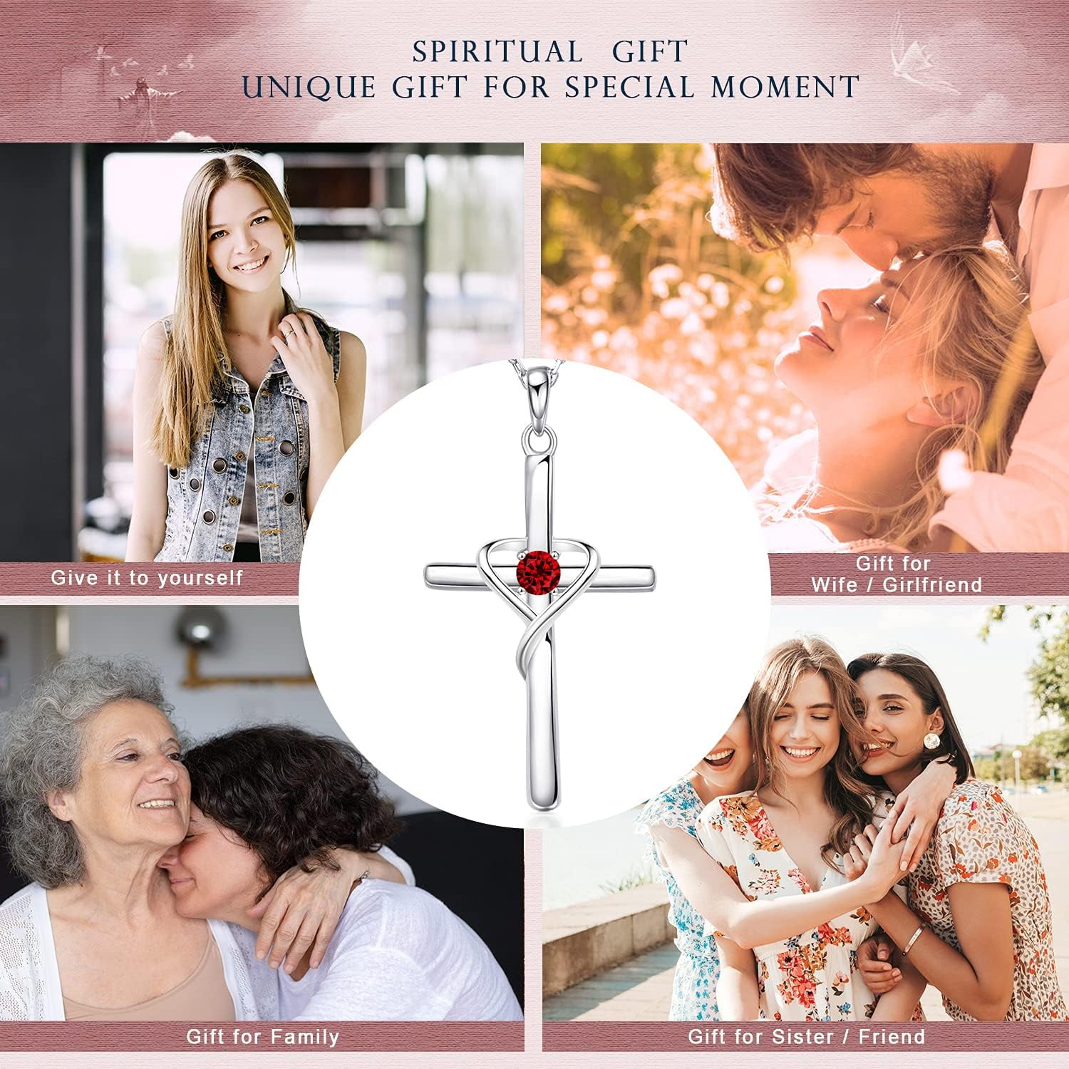 Leander 925 Sterling Silver Cross Necklace for Women Men 5A CZ Birthstone Necklaces 14K Gold Plated or Rose Gold Necklace for Easter or Mother's Day
