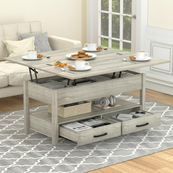 SNYNUXX Lift Top Coffee Table, 3-in-1 Multifunctional Coffee Table with Drawers and Hidden Compartments, Coffee Table Converts to Dining Table, for Living Room, Dining Reception Room, Gray