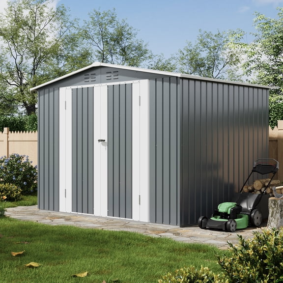 Studyset Outdoor Storage Shed 8x6 ft, Galvanized Metal Garden Tool Shed with Lockable Double Doors and Vents, Weather-Resistant Outdoor Storage Clearance Backyard Storage