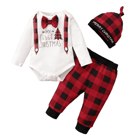 

Kucnuzki 18 Months Baby Boy Winter Outfits Pants Sets 24 Months Long Sleeve Christmas Prints Bowknot Romper Tops Elastic Plaid Prints Pants Hat 3PCS Set White