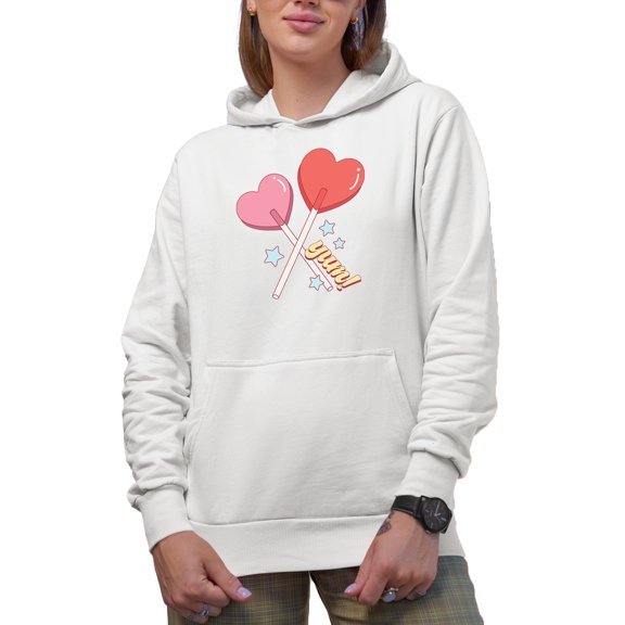 Yum with Two Heart Lollipops, Retro Valentines Day Art Merch Gift, White Hooded Sweatshirt or Hoodie, Small