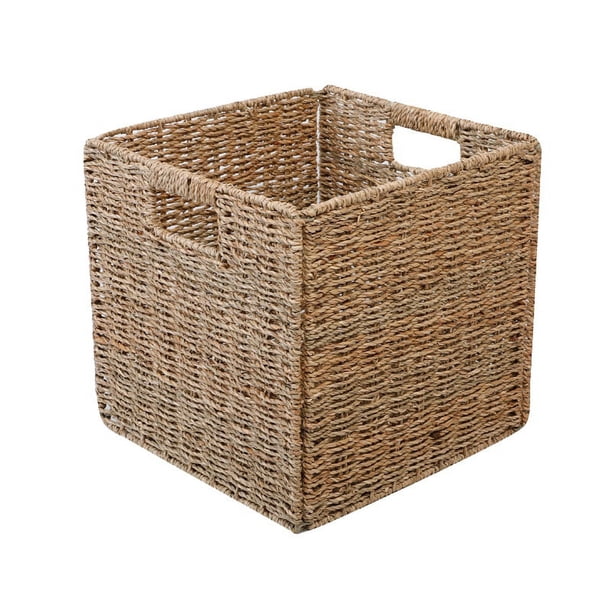 Cesta organizadora de almacenamiento de cocina de estilo rústico con tejido de algas marinas y asas para gabinetes, despensa, baño y lavadero