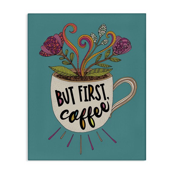 Stupell Industries First Coffee with Florals Botanical & Floral Painting Gallery Wrapped Canvas Art Print Wall Art, 16 x 20