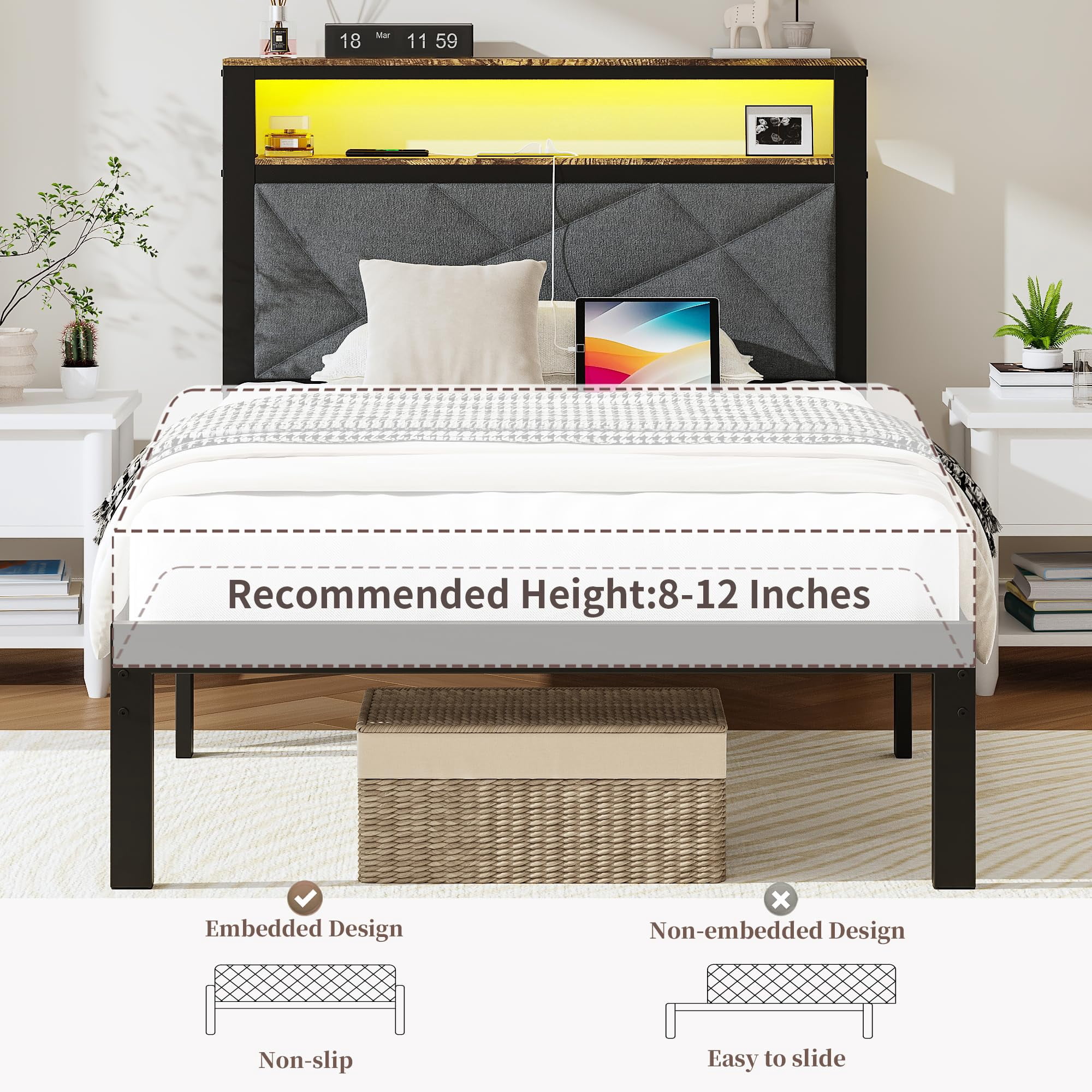 ChicZhiNest Twin Size Bed Frame with Storage Headboard and LED Light, Metal Platform Bed with Charging Station, Dark Gray
