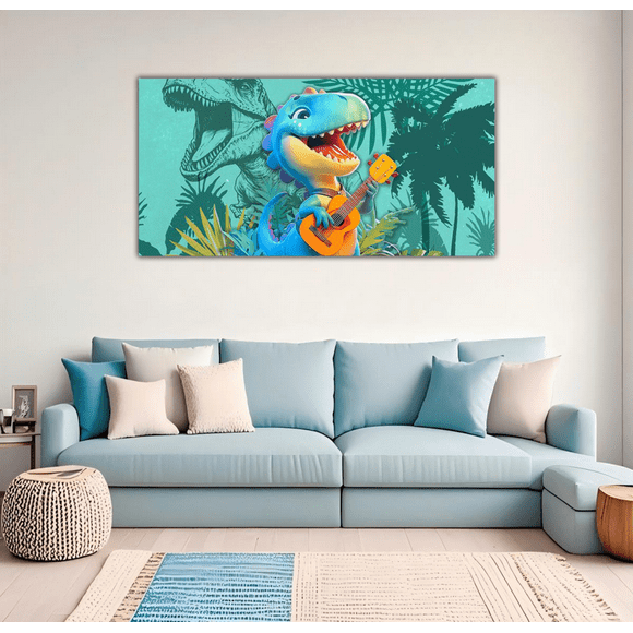 Erosebridal Funny Dinosaur Dino Paintings Wall Decor Bedroom, Tropical Jungle Palm Tree Poster Prints 48x24, Cute Animal Wall Decorations for Living Room 48x24, Luxurious Bedroom Decorative
