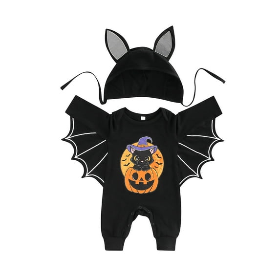 Qmyliery Halloween Baby Boys Jumpsuits Set Casual Pumpkin Print Toddler Bat Long Sleeve Rompers and Hat