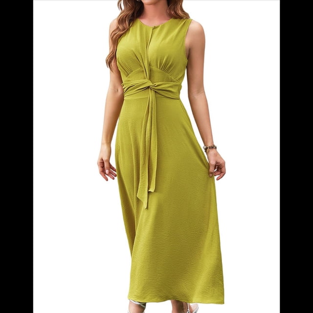Vestido Midi Informal de Verano Sin Mangas para Mujer, Ajustado, con Lazo en la Cintura, , para Vacaciones, 2025 Amarillo M