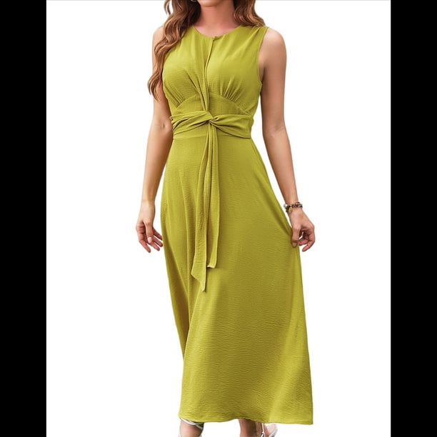 Vestido Midi Informal de Verano Sin Mangas para Mujer, Ajustado, con Lazo en la Cintura, , para Vacaciones, 2025 Amarillo M