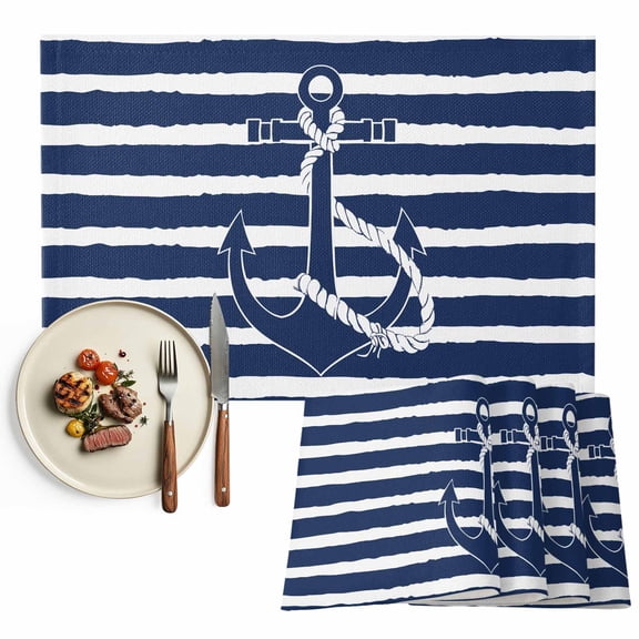 Nautical Anchor Placemats Set of 8, Navy Blue Striped Pattern Table Mats Washable Heat-Resistant Non-Slip Place Mats for Kitchen Dinner Table Indoor Outdoor Decor,13x19 Inch