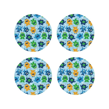 

Drink Coasters Set of 4 Cartoon Monster Leather Coasters for Coffee Table Protector Heat Resistant Cute Coasters for Home Decor Housewarming Gifts Bar Kitchen 4 Inch Round Shape
