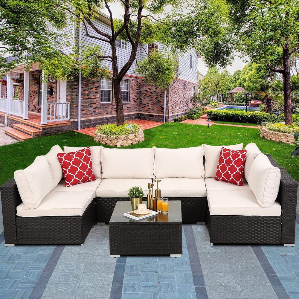 YOFE 7 Piece Wicker Patio Furniture, Rattan Sectional Sofa Sets w / Coffee Table, Armless Seats