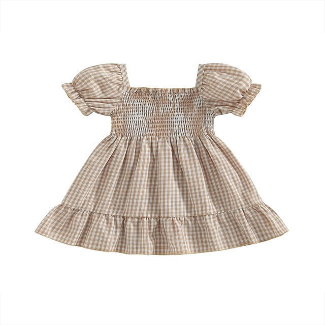 Robe d'Été Décontractée pour Tout-Petites Filles, Robe à Manches Courtes Bouffantes, Robe Trapèze, Robe de Fête à Carreaux, Kaki, 2-3 Ans
