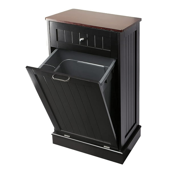 Tilt Out Trash Cabinet,Antique-style Beadboard Kitchen Island with Solid Wood Tabletop & Drawer, Pet Proof Trash Can, Wood Laundry Cabinet (Black)