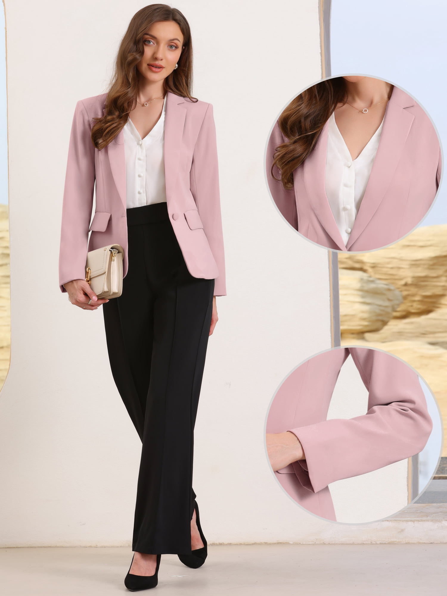 DARING DIVA Women's Casual Long Sleeve One Button Pockets Suit Jacket L Pink