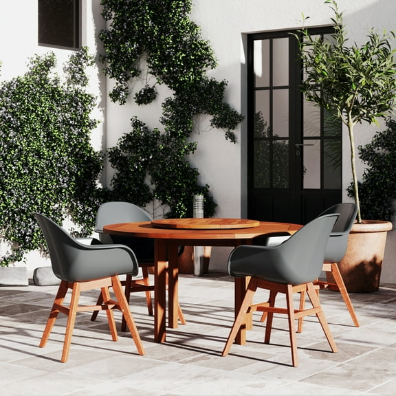 Amazonia Pubil 5-Piece Patio Round Lazy Susan Dining Table Set, Teak Finish, Ideal for Outdoors and Indoors