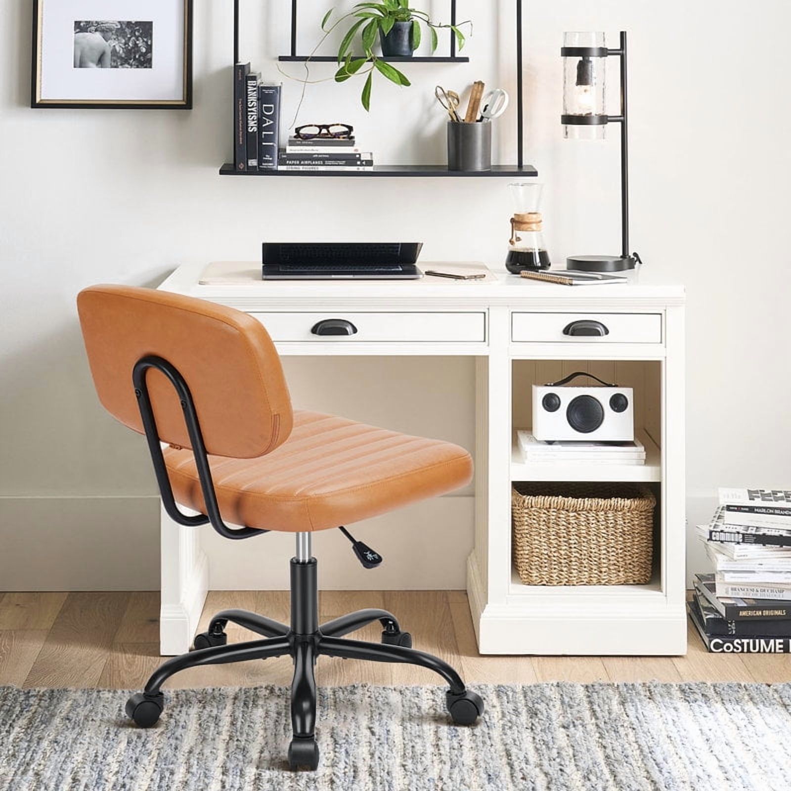 Desk Chair, Armless Activity Chair with Wheels, Comfy Low Back Swivel Task Chair, Brown