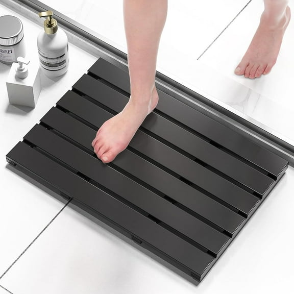 Wooden Bamboo Bath Shower Mat- Non-Slip Waterproof Large Bathroom Floor Mat for Indoor Outdoor (Black, 21.26 x 14.17 x 1.3 Inches)